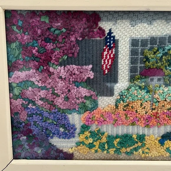 Signed Framed Crewel & Crossstitch Cottage/Garden Scene w/ American Flag - 15x12 - Picture 2 of 9